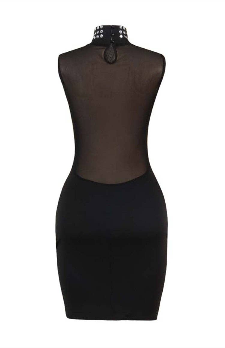 Black Diamond High Neck See-Through Dress