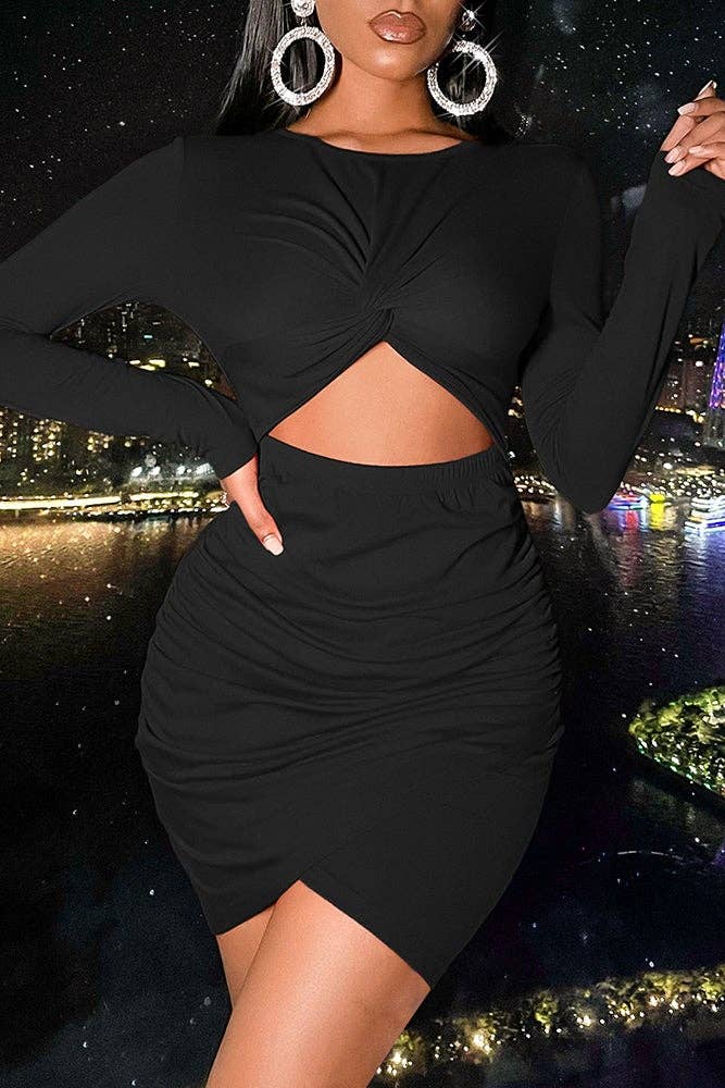 Cut-out Front Pleat Long Sleeve Bodycon Dress