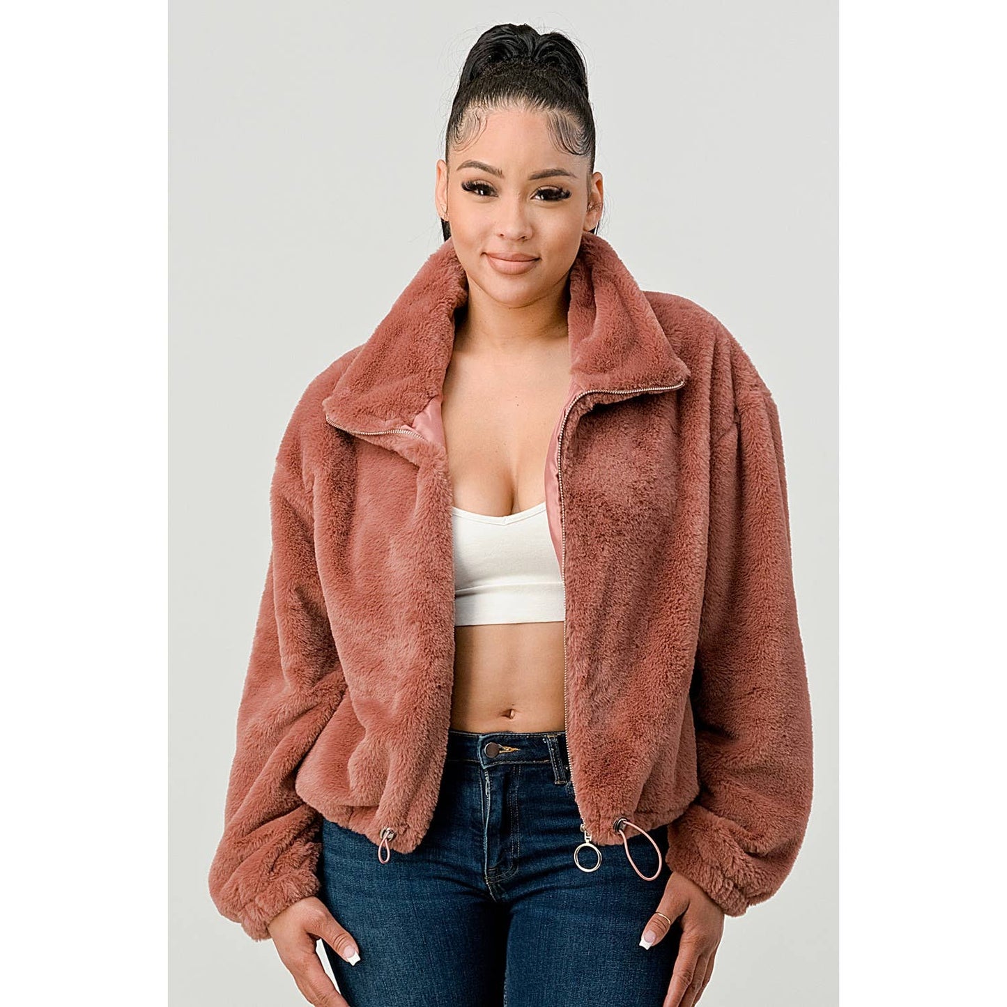 Faux Fur Wide Flat Collar Front Zip Jacket