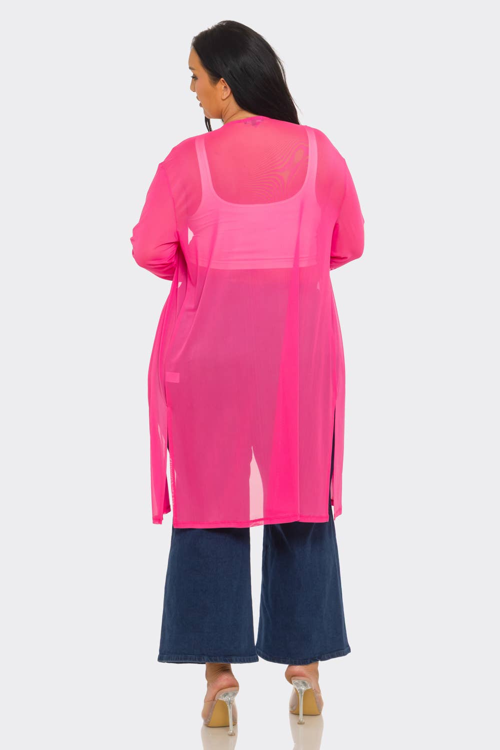 Plus Size Mesh Solid Side Slits Long Sleeve Cardigan: Pink / 2-2-2 (1XL-2XL-3XL)