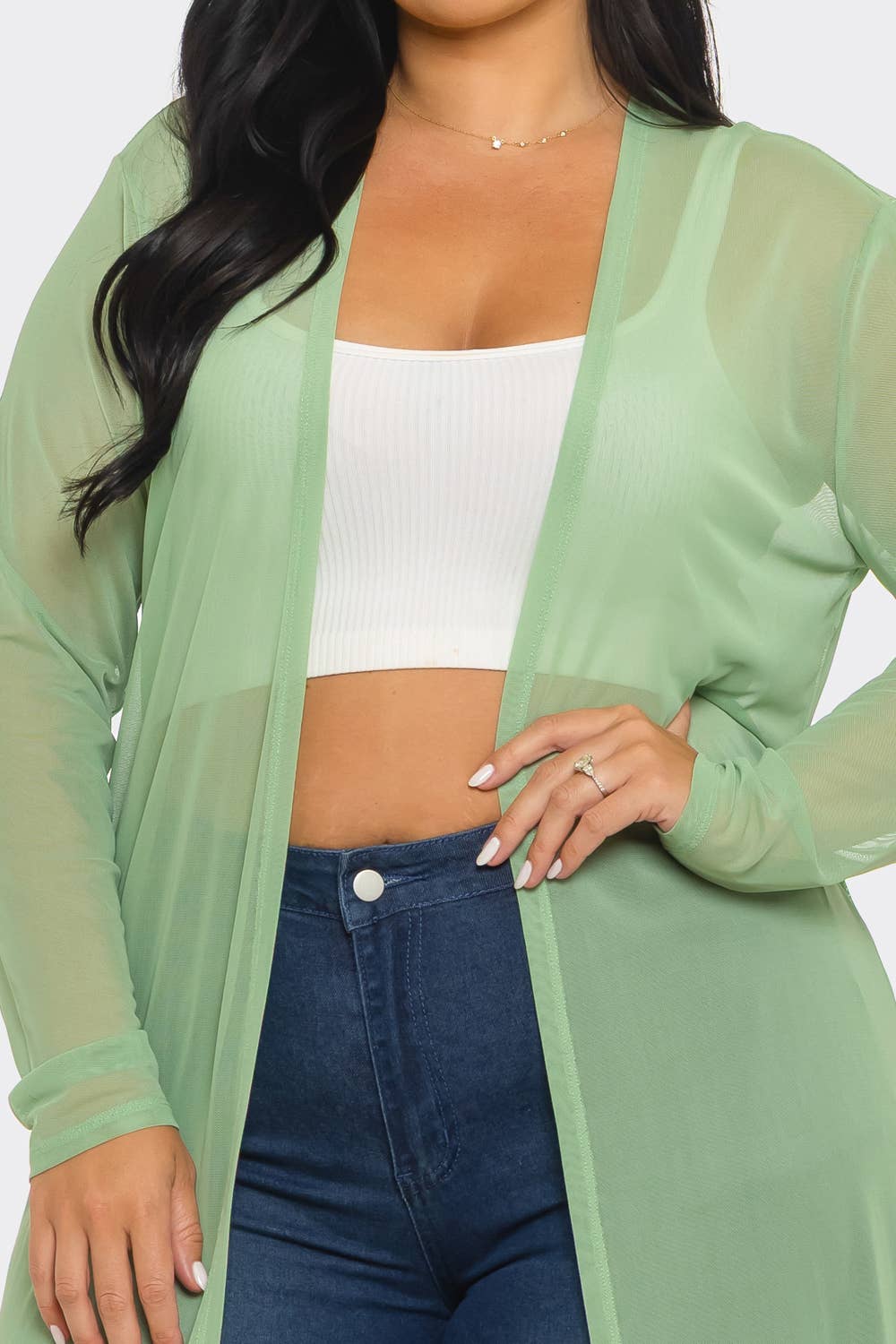 Plus Size Mesh Solid Side Slits Long Sleeve Cardigan: Pink / 2-2-2 (1XL-2XL-3XL)