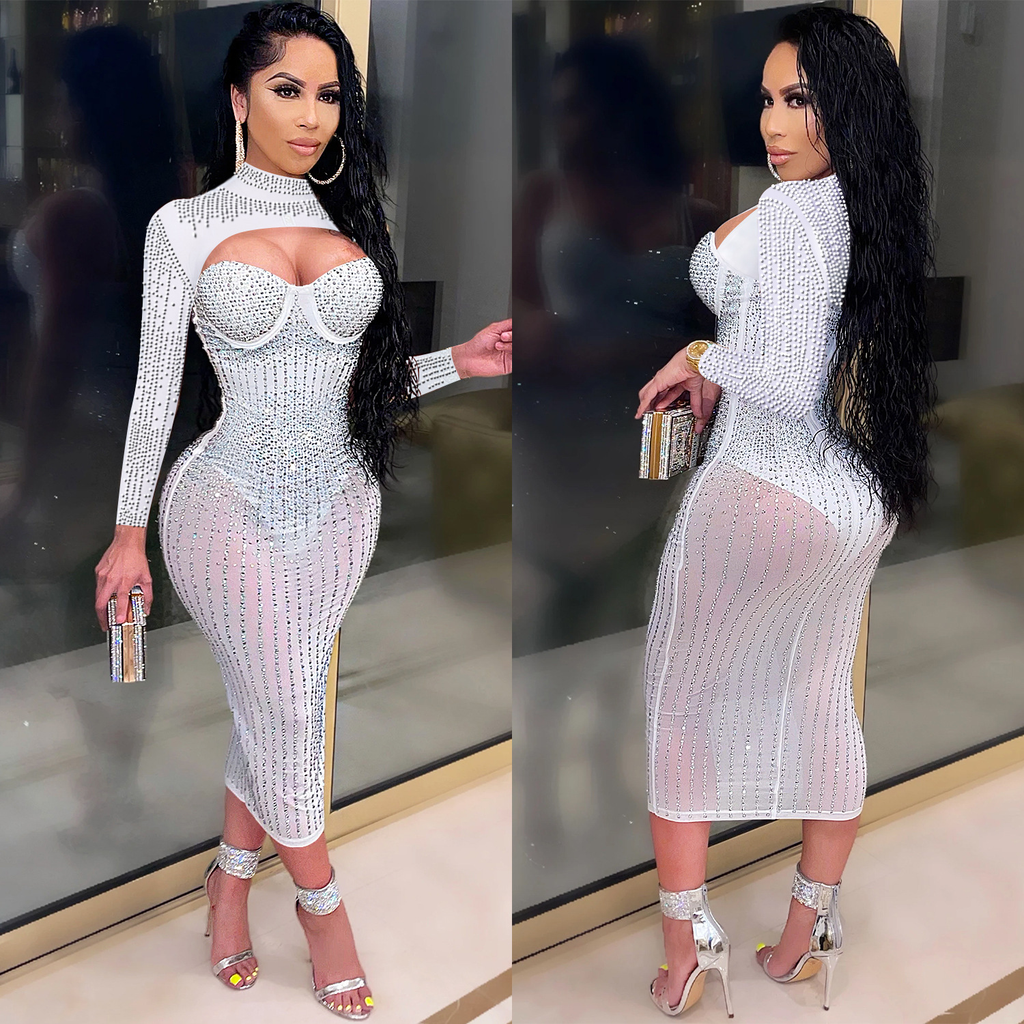 Rhinestone Midi Dress with Bolero Style High Neck Cut Out: Beige / Medium