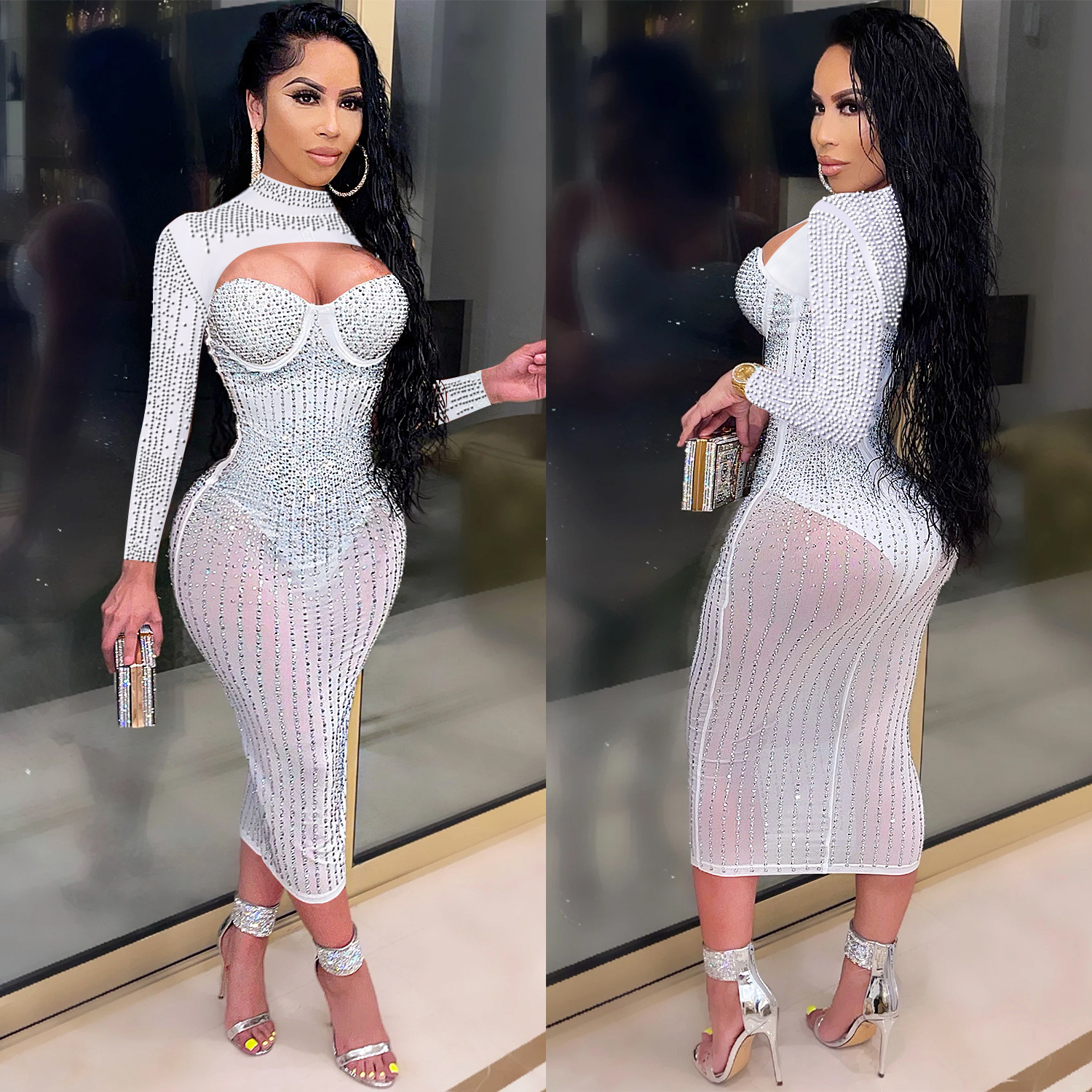 Rhinestone Midi Dress with Bolero Style High Neck Cut Out: Beige / Medium