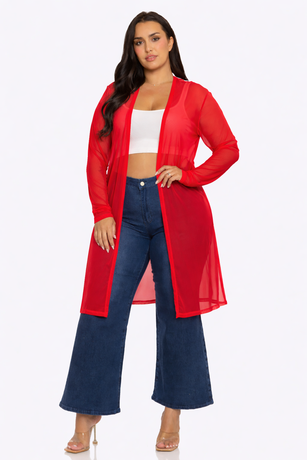 Plus Size Mesh Solid Side Slits Long Sleeve Cardigan: Pink / 2-2-2 (1XL-2XL-3XL)