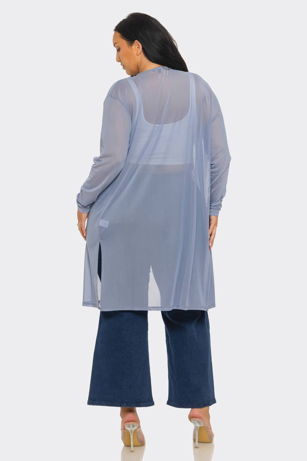Plus Size Mesh Solid Side Slits Long Sleeve Cardigan: Pink / 2-2-2 (1XL-2XL-3XL)
