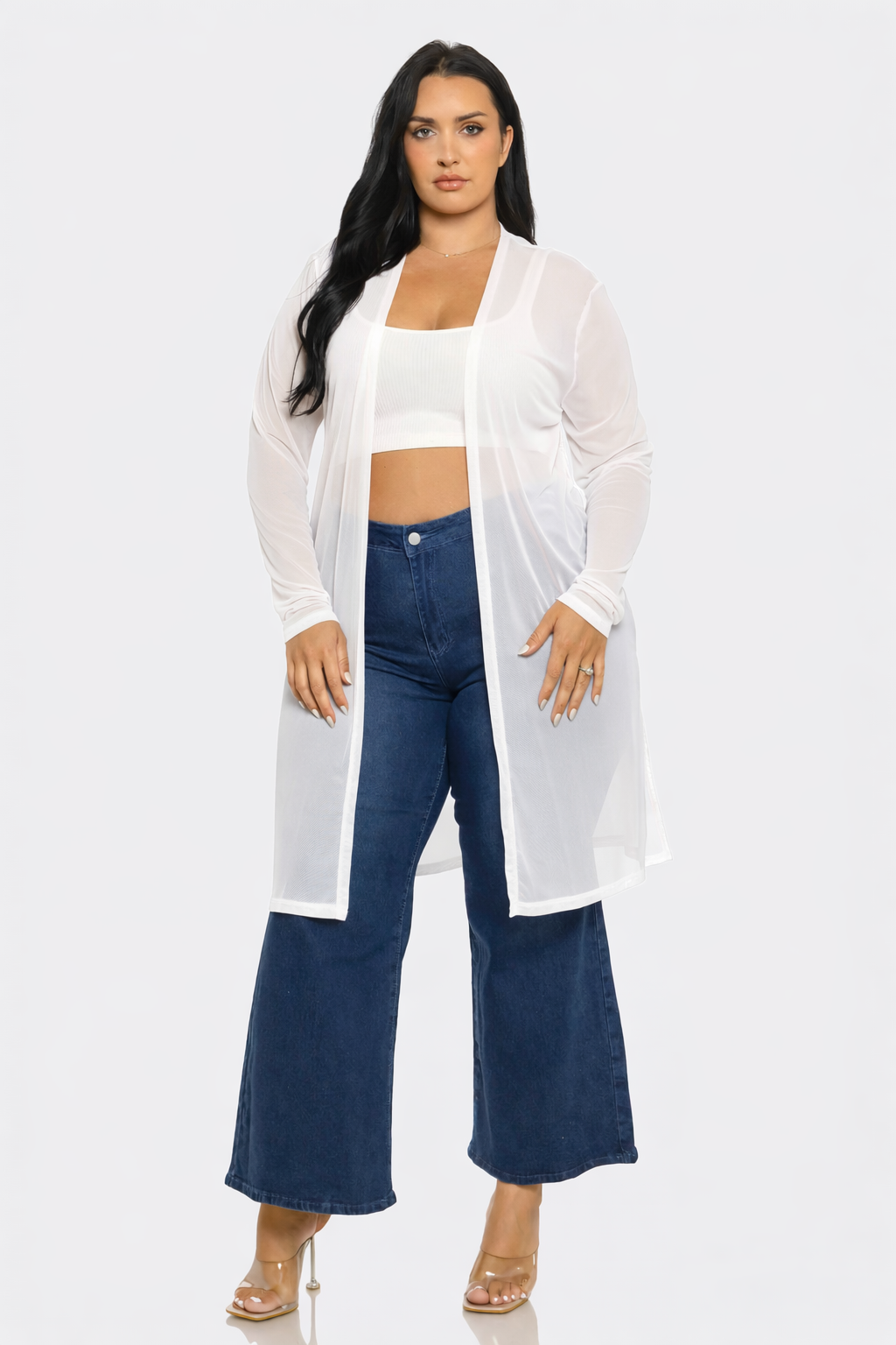 Plus Size Mesh Solid Side Slits Long Sleeve Cardigan: Pink / 2-2-2 (1XL-2XL-3XL)