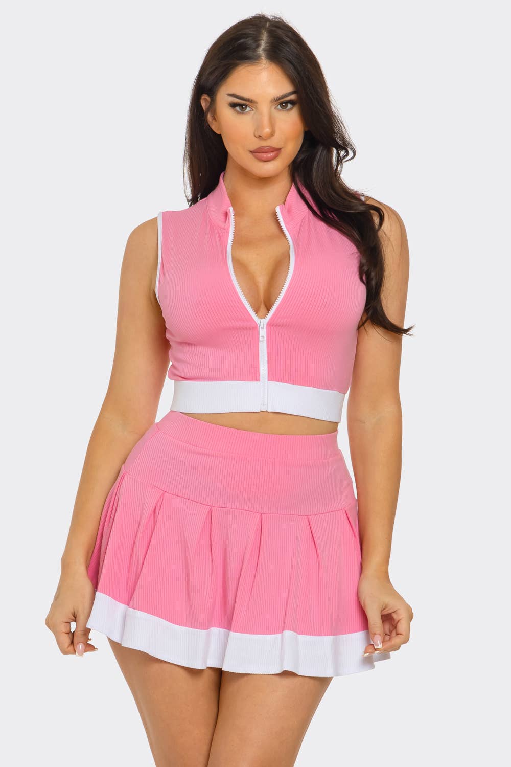 Front Zipper Crop Top And Pleated Mini Skirt Set : Pink-White / 1-2-2-1 (S-M-L-XL)