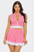 Front Zipper Crop Top And Pleated Mini Skirt Set : Pink-White / 1-2-2-1 (S-M-L-XL)
