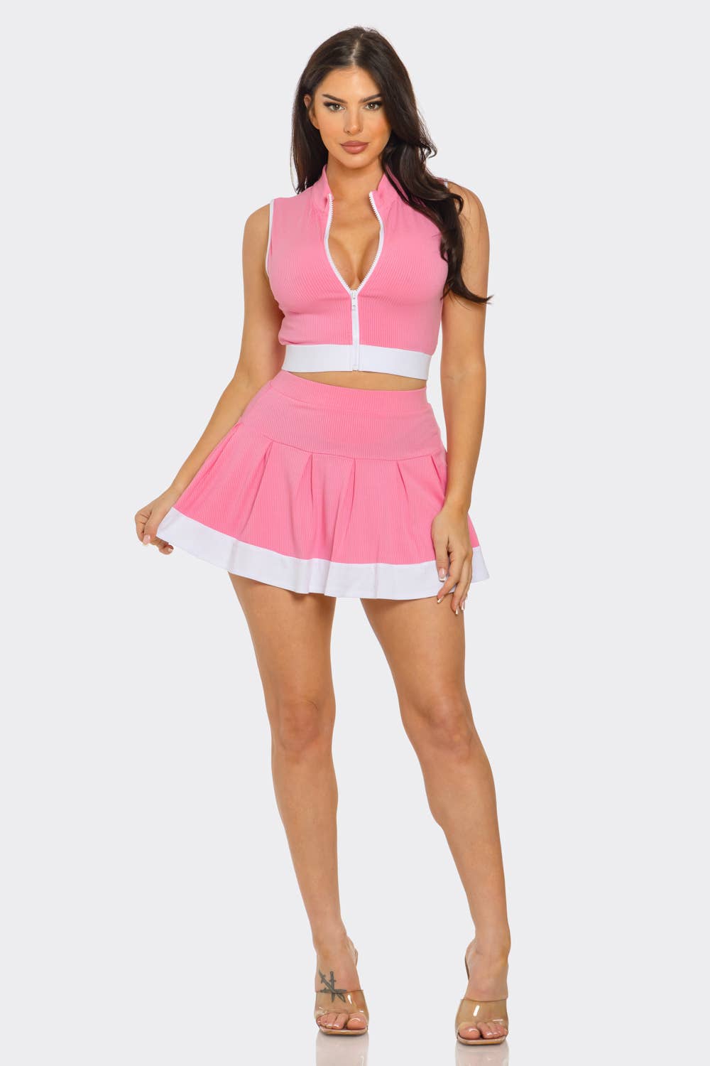 Front Zipper Crop Top And Pleated Mini Skirt Set : Pink-White / 1-2-2-1 (S-M-L-XL)