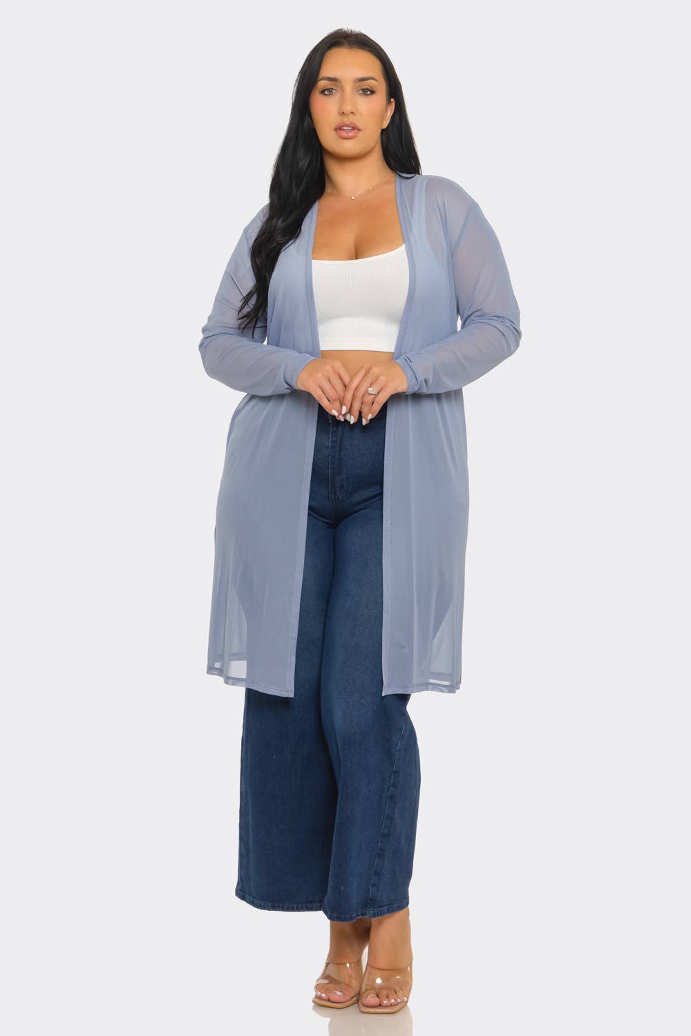 Plus Size Mesh Solid Side Slits Long Sleeve Cardigan: Pink / 2-2-2 (1XL-2XL-3XL)
