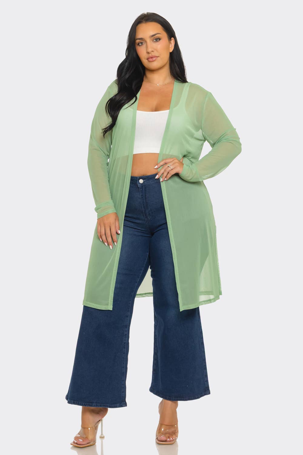 Plus Size Mesh Solid Side Slits Long Sleeve Cardigan: Pink / 2-2-2 (1XL-2XL-3XL)