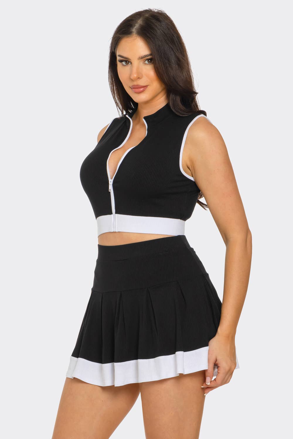 Front Zipper Crop Top And Pleated Mini Skirt Set : Pink-White / 1-2-2-1 (S-M-L-XL)