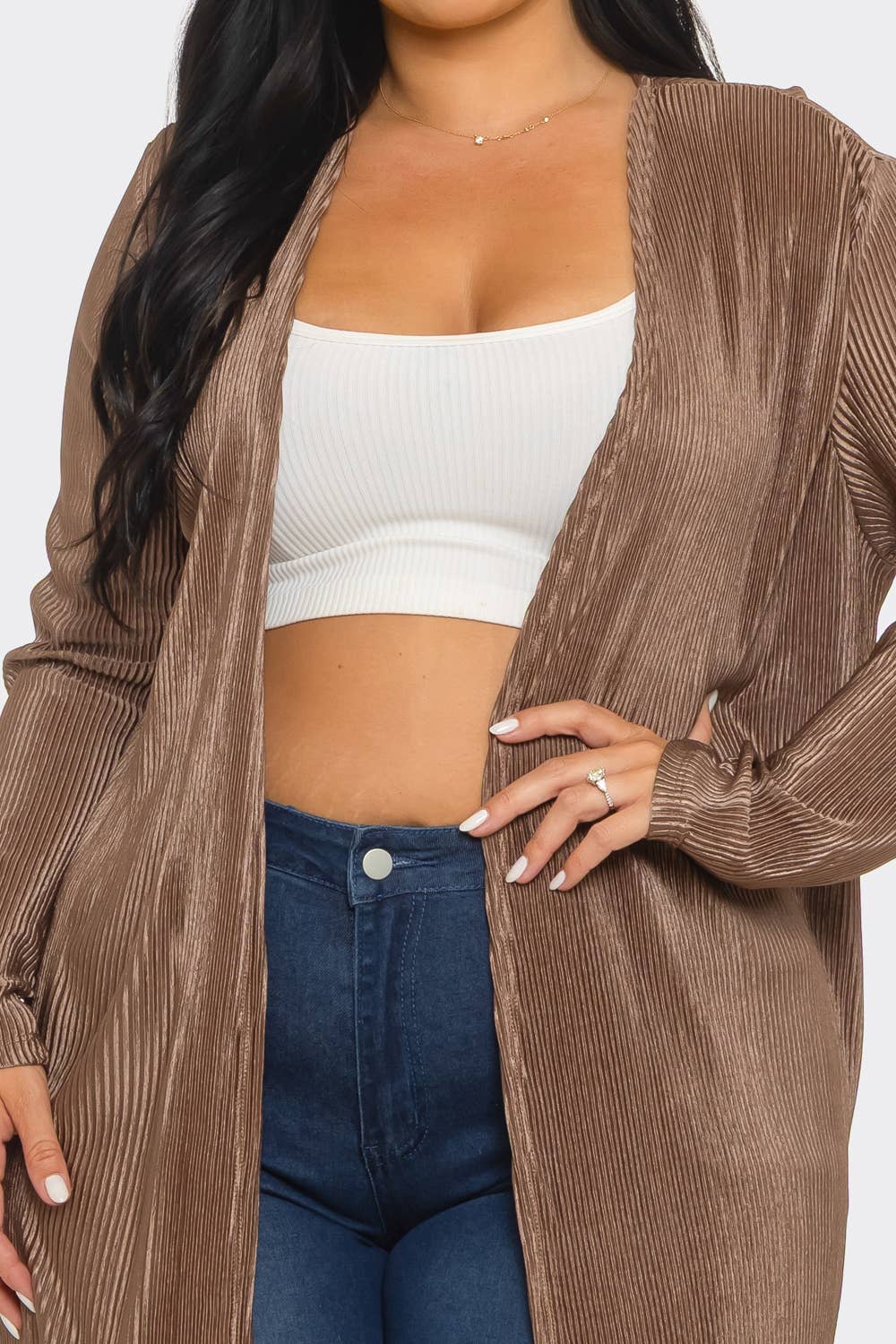 Plus Size Pleated Back Slits Detail Long Sleeve Cardigan : Coco / 2-2-2 (1XL-2XL-3XL)