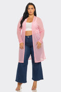 Plus Size Mesh Solid Side Slits Long Sleeve Cardigan: Pink / 2-2-2 (1XL-2XL-3XL)