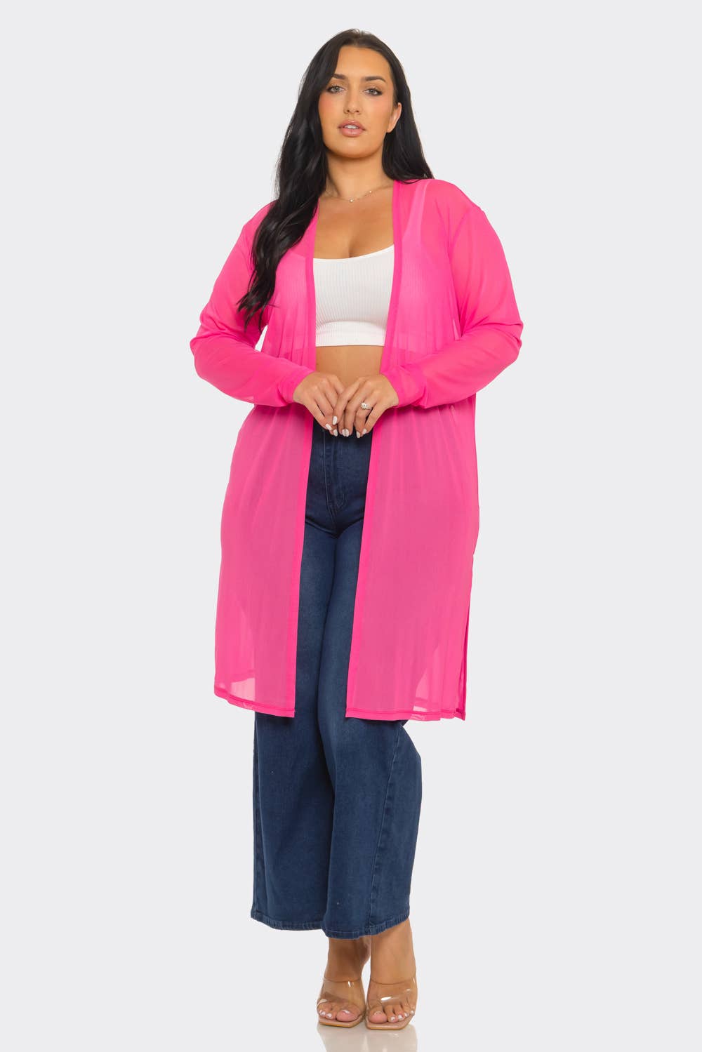 Plus Size Mesh Solid Side Slits Long Sleeve Cardigan: Pink / 2-2-2 (1XL-2XL-3XL)