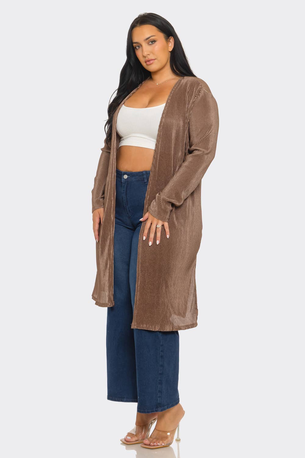 Plus Size Pleated Back Slits Detail Long Sleeve Cardigan : Coco / 2-2-2 (1XL-2XL-3XL)