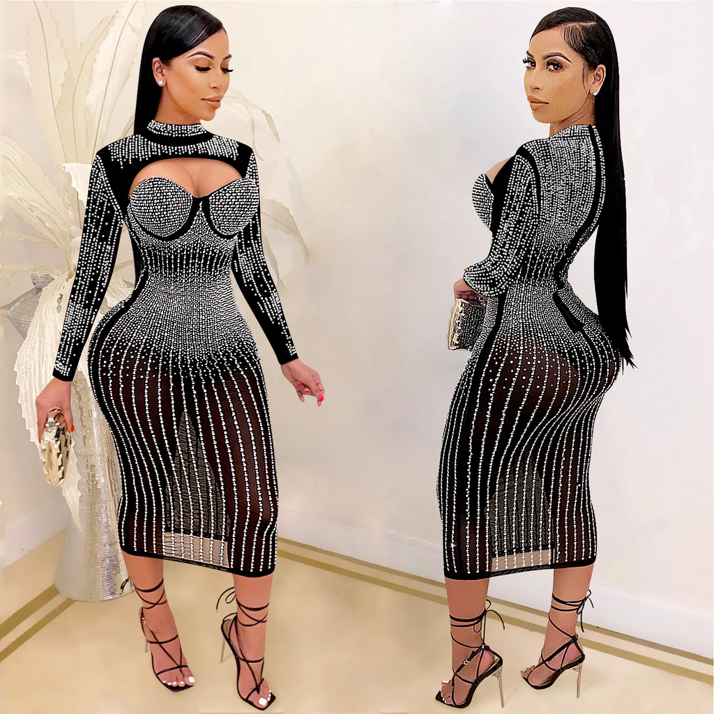 Rhinestone Midi Dress with Bolero Style High Neck Cut Out: Beige / Medium