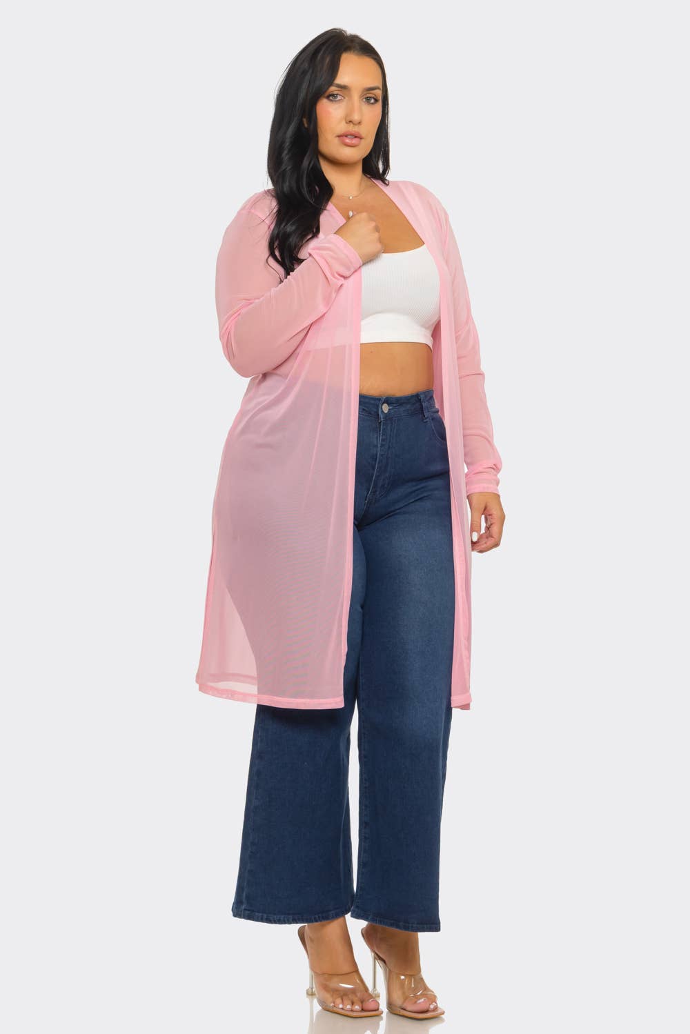 Plus Size Mesh Solid Side Slits Long Sleeve Cardigan: Pink / 2-2-2 (1XL-2XL-3XL)
