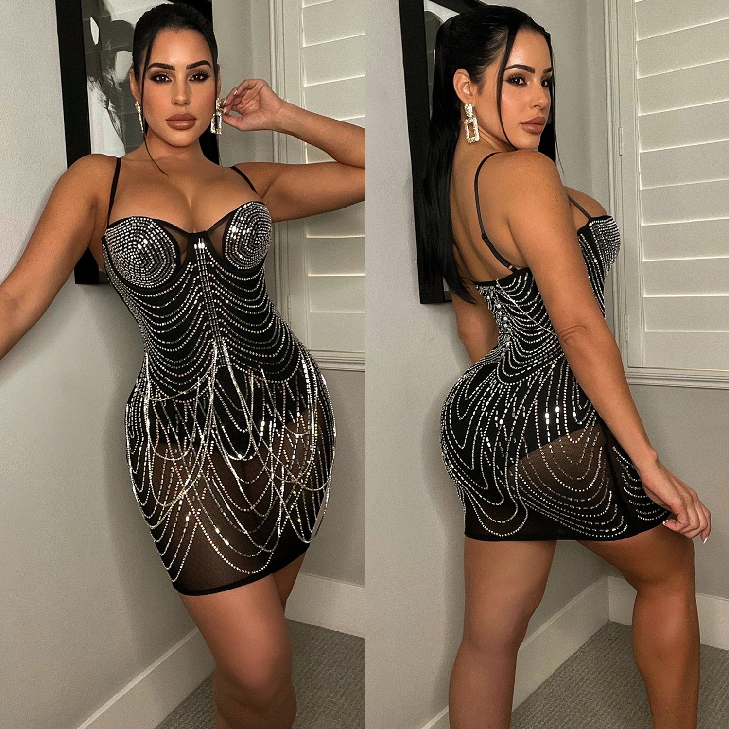 Mesh Embellished Rhinestone Dress: Blue / Medium