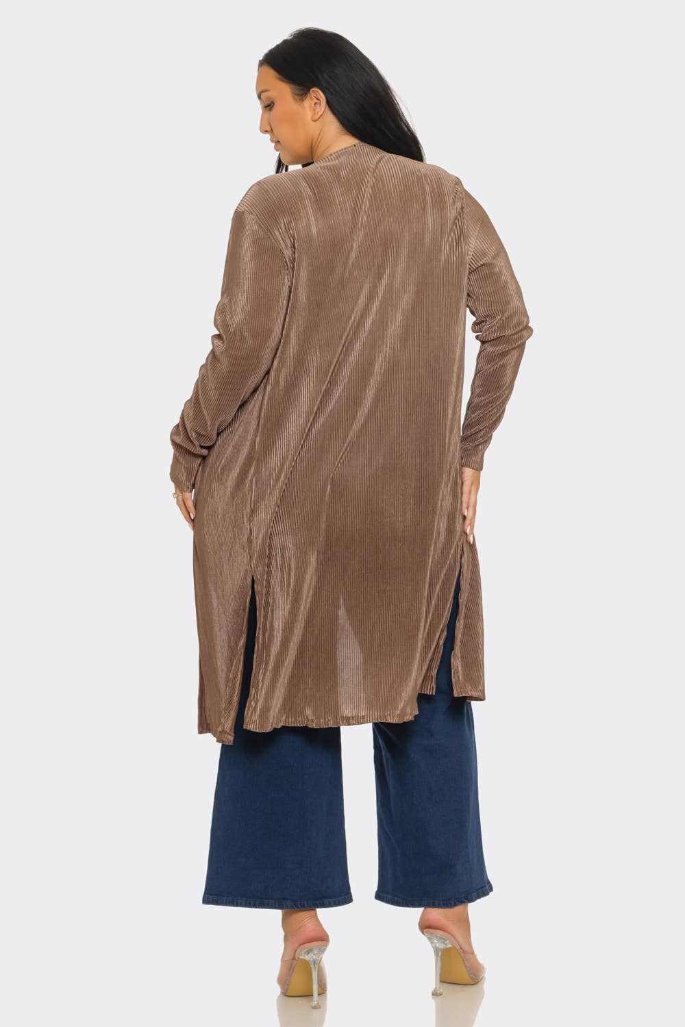 Plus Size Pleated Back Slits Detail Long Sleeve Cardigan : Coco / 2-2-2 (1XL-2XL-3XL)