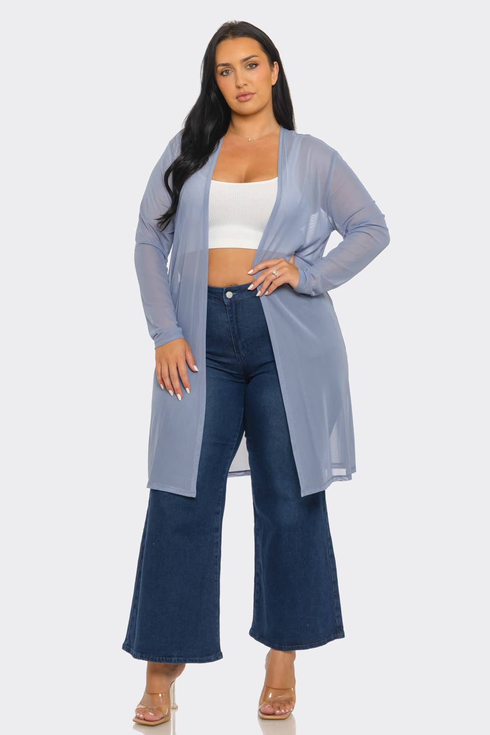 Plus Size Mesh Solid Side Slits Long Sleeve Cardigan: Pink / 2-2-2 (1XL-2XL-3XL)