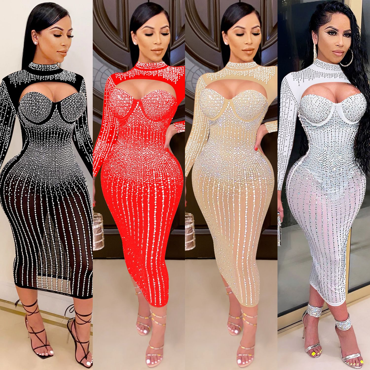 Rhinestone Midi Dress with Bolero Style High Neck Cut Out: Beige / Medium