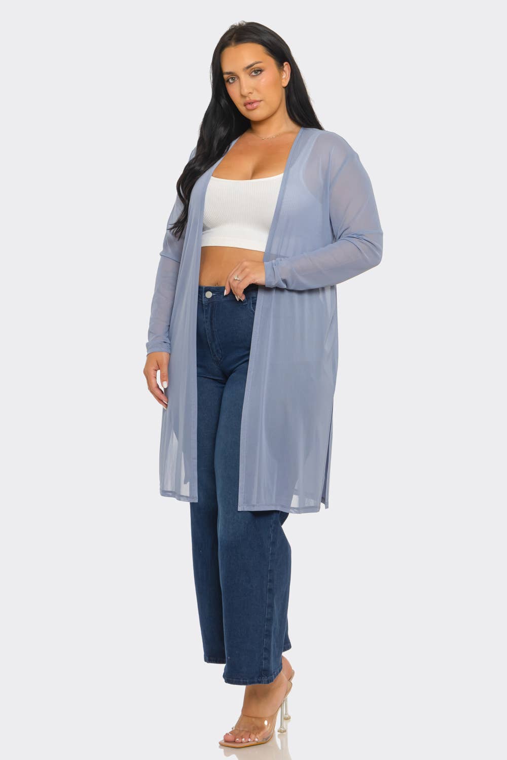 Plus Size Mesh Solid Side Slits Long Sleeve Cardigan: Pink / 2-2-2 (1XL-2XL-3XL)