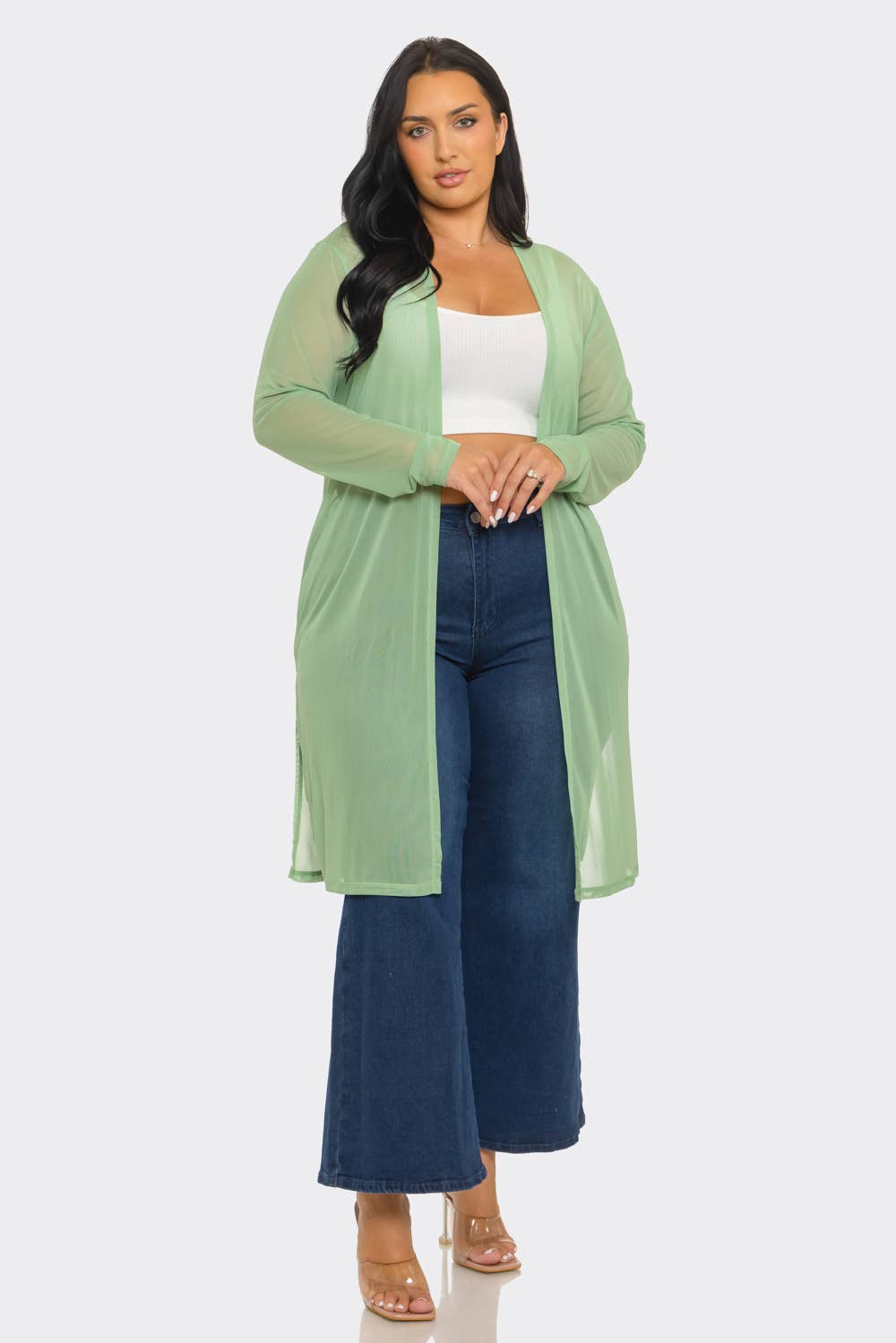 Plus Size Mesh Solid Side Slits Long Sleeve Cardigan: Pink / 2-2-2 (1XL-2XL-3XL)
