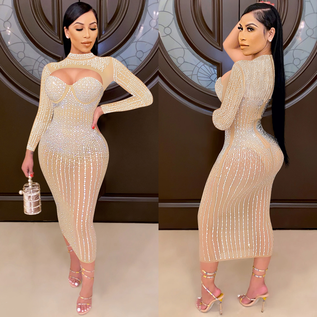 Rhinestone Midi Dress with Bolero Style High Neck Cut Out: Beige / Medium