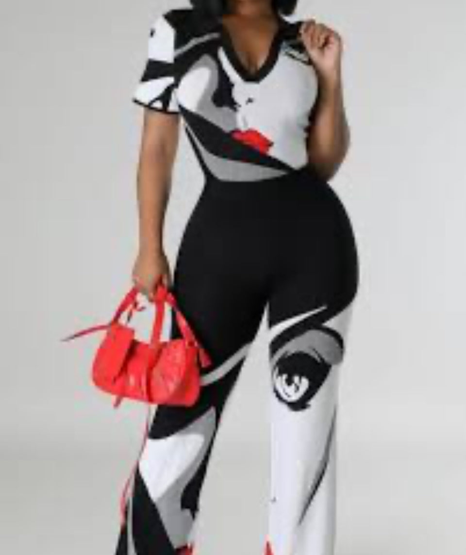 Cropped Short Sleeve Classy Face Paint Two-Piece Set