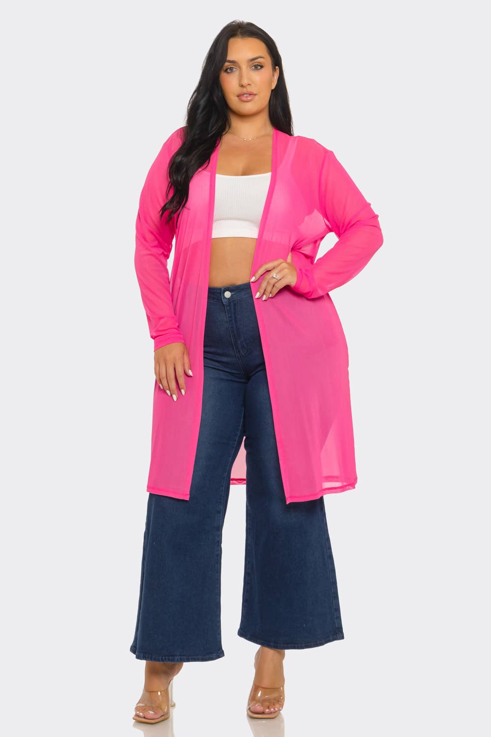 Plus Size Mesh Solid Side Slits Long Sleeve Cardigan: Pink / 2-2-2 (1XL-2XL-3XL)