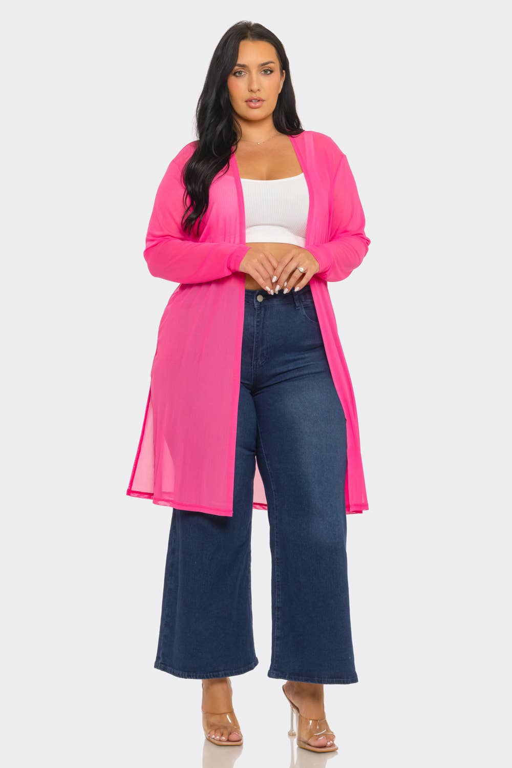 Plus Size Mesh Solid Side Slits Long Sleeve Cardigan: Pink / 2-2-2 (1XL-2XL-3XL)