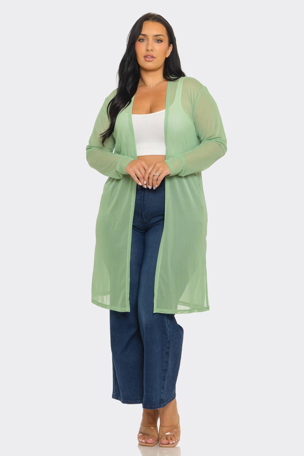 Plus Size Mesh Solid Side Slits Long Sleeve Cardigan: Pink / 2-2-2 (1XL-2XL-3XL)
