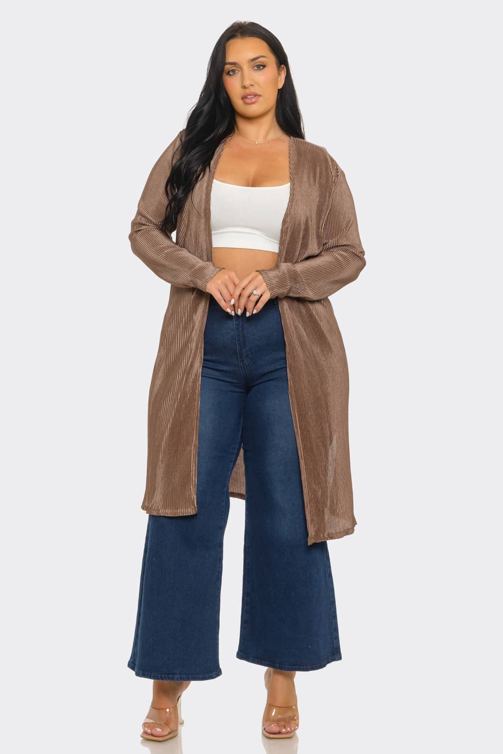 Plus Size Pleated Back Slits Detail Long Sleeve Cardigan : Coco / 2-2-2 (1XL-2XL-3XL)