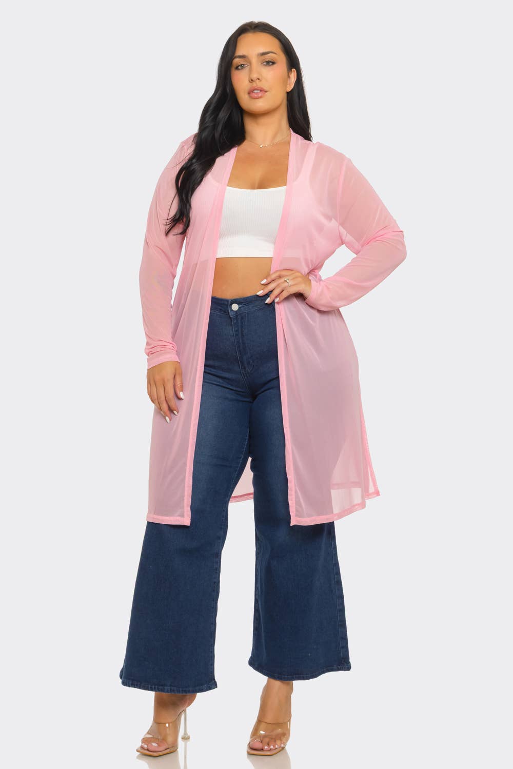 Plus Size Mesh Solid Side Slits Long Sleeve Cardigan: Pink / 2-2-2 (1XL-2XL-3XL)