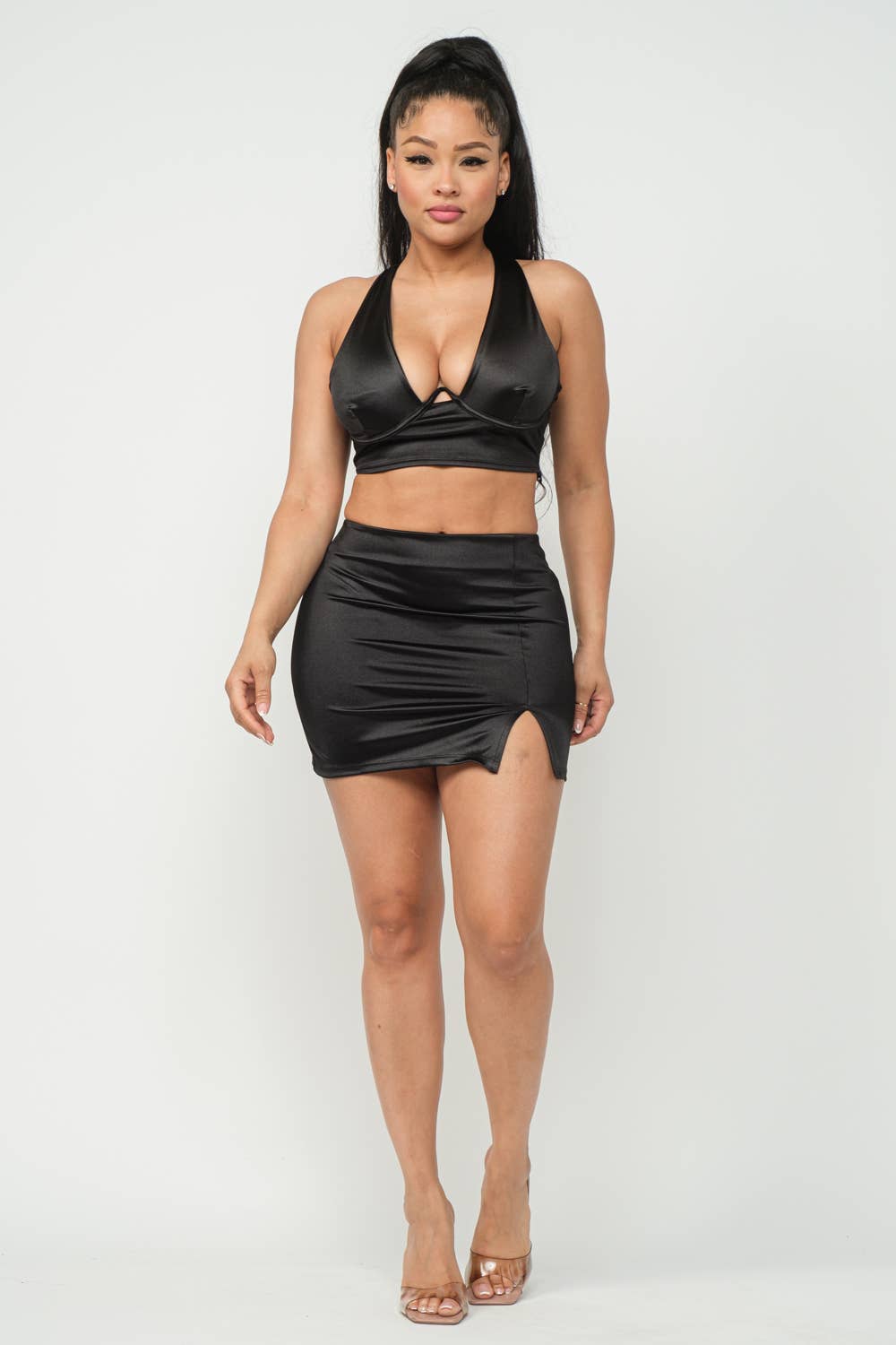 Open Front Wire Detail Top And Skirt Set: Lime / 2-2-2 (S-M-L)