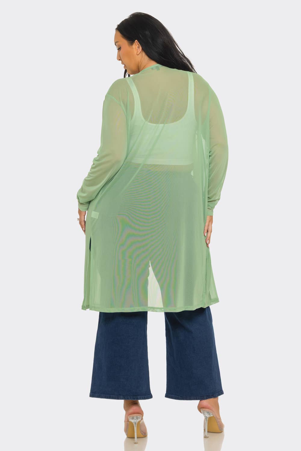 Plus Size Mesh Solid Side Slits Long Sleeve Cardigan: Pink / 2-2-2 (1XL-2XL-3XL)