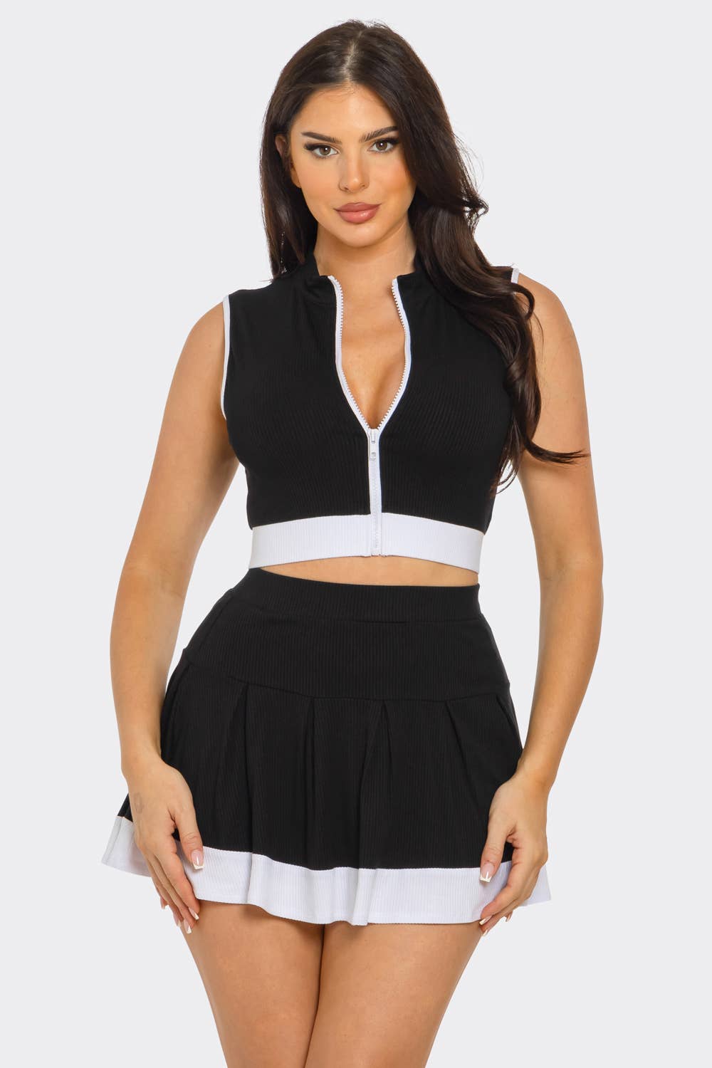 Front Zipper Crop Top And Pleated Mini Skirt Set : Pink-White / 1-2-2-1 (S-M-L-XL)