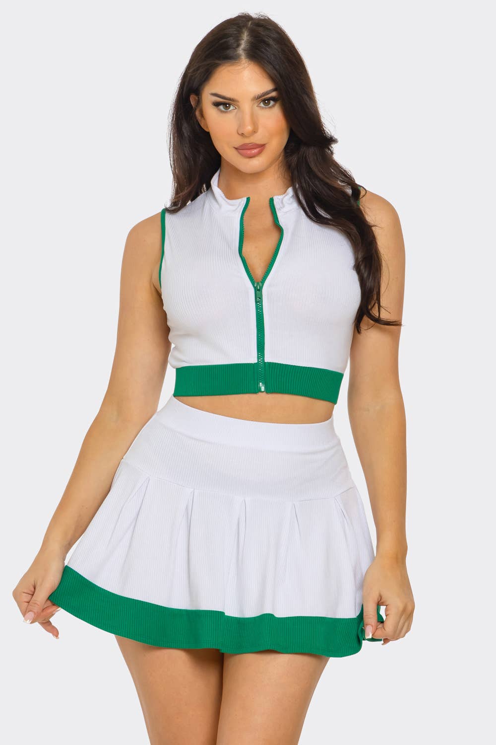 Front Zipper Crop Top And Pleated Mini Skirt Set : Pink-White / 1-2-2-1 (S-M-L-XL)