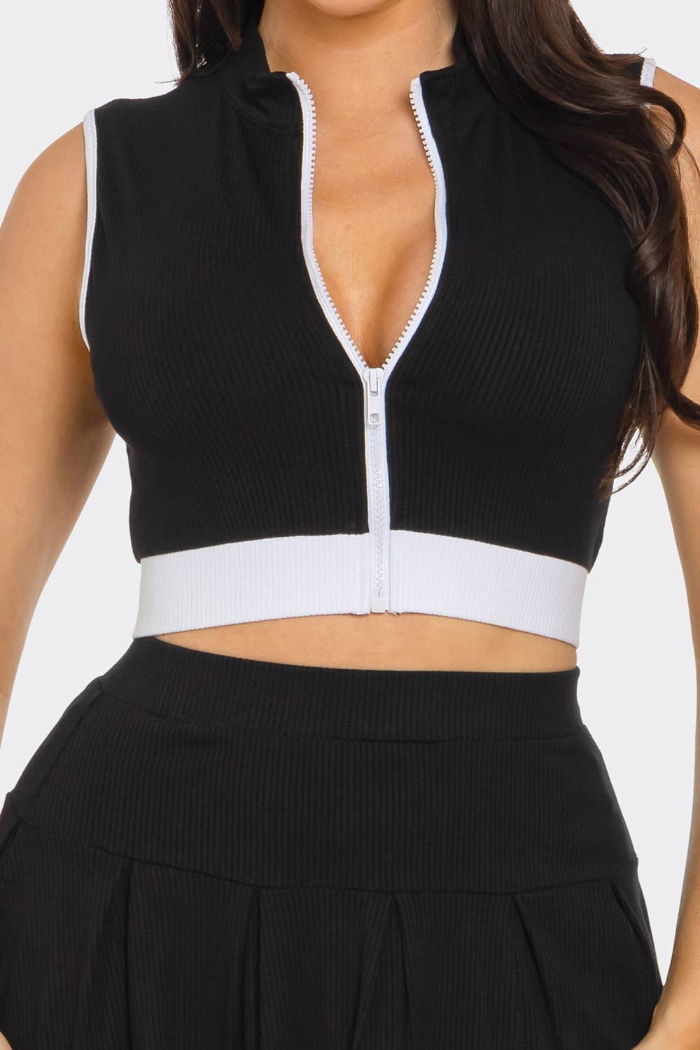 Front Zipper Crop Top And Pleated Mini Skirt Set : Pink-White / 1-2-2-1 (S-M-L-XL)