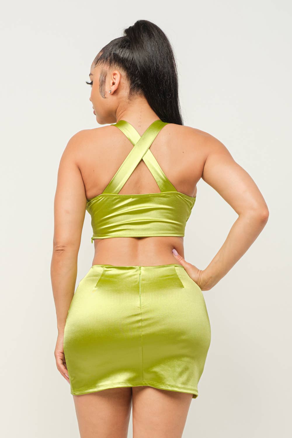 Open Front Wire Detail Top And Skirt Set: Lime / 2-2-2 (S-M-L)