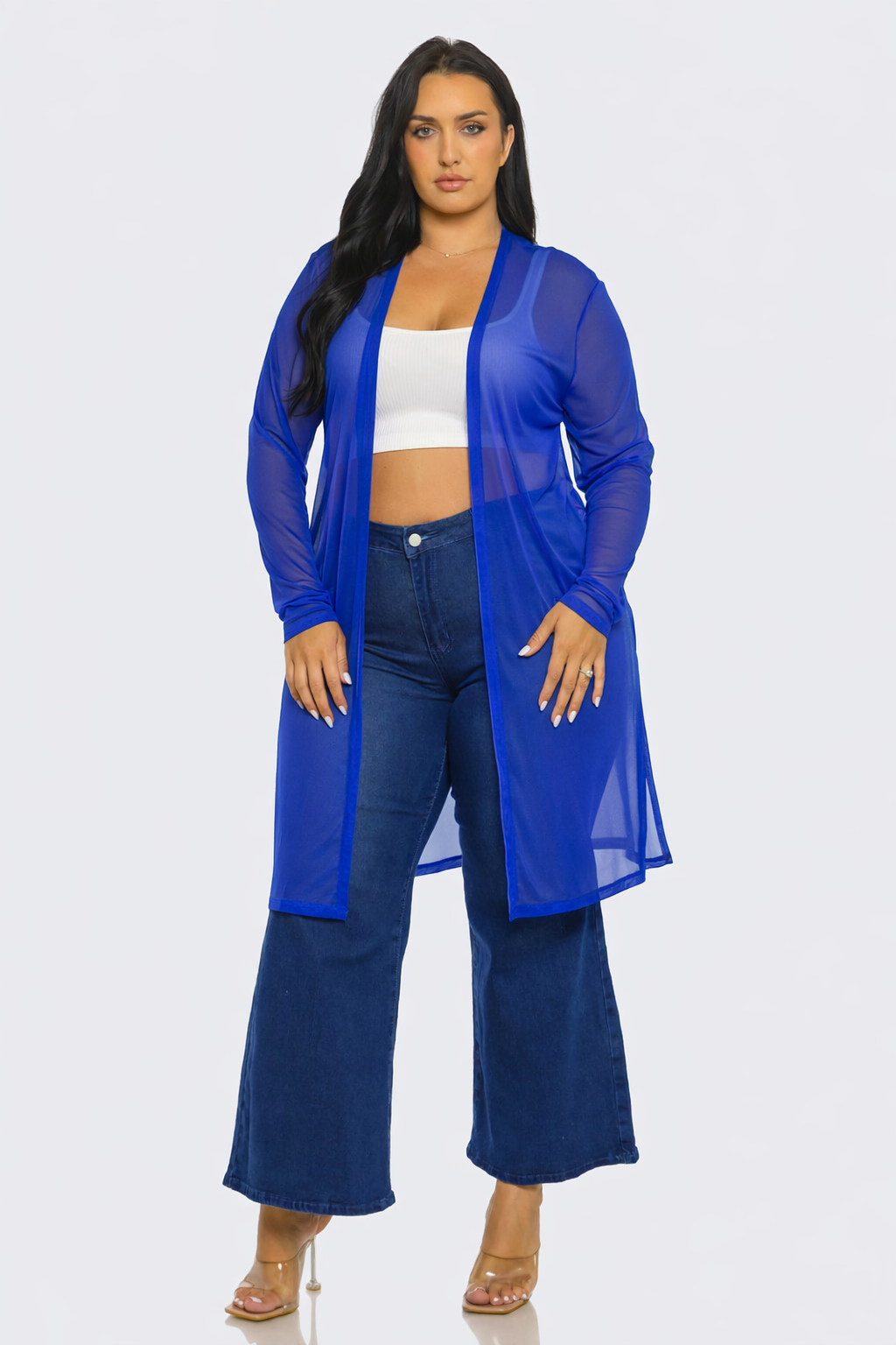 Plus Size Mesh Solid Side Slits Long Sleeve Cardigan: Pink / 2-2-2 (1XL-2XL-3XL)
