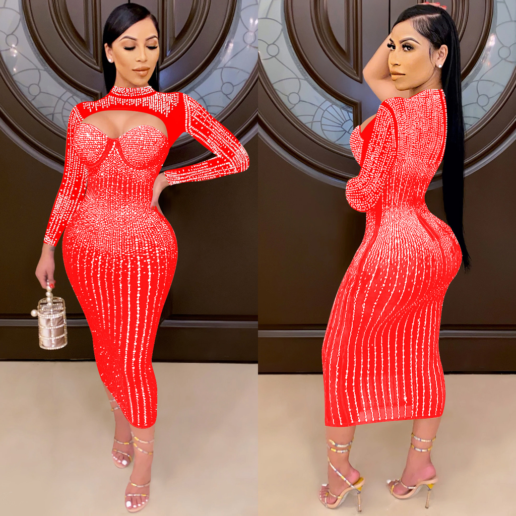 Rhinestone Midi Dress with Bolero Style High Neck Cut Out: Beige / Medium