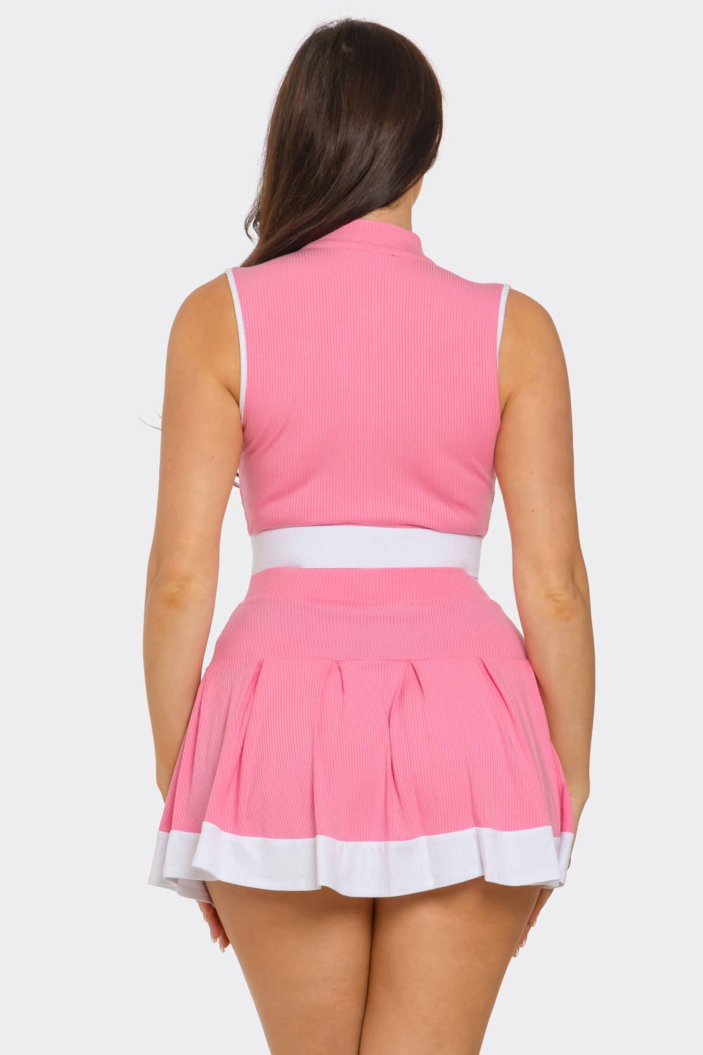 Front Zipper Crop Top And Pleated Mini Skirt Set : Pink-White / 1-2-2-1 (S-M-L-XL)