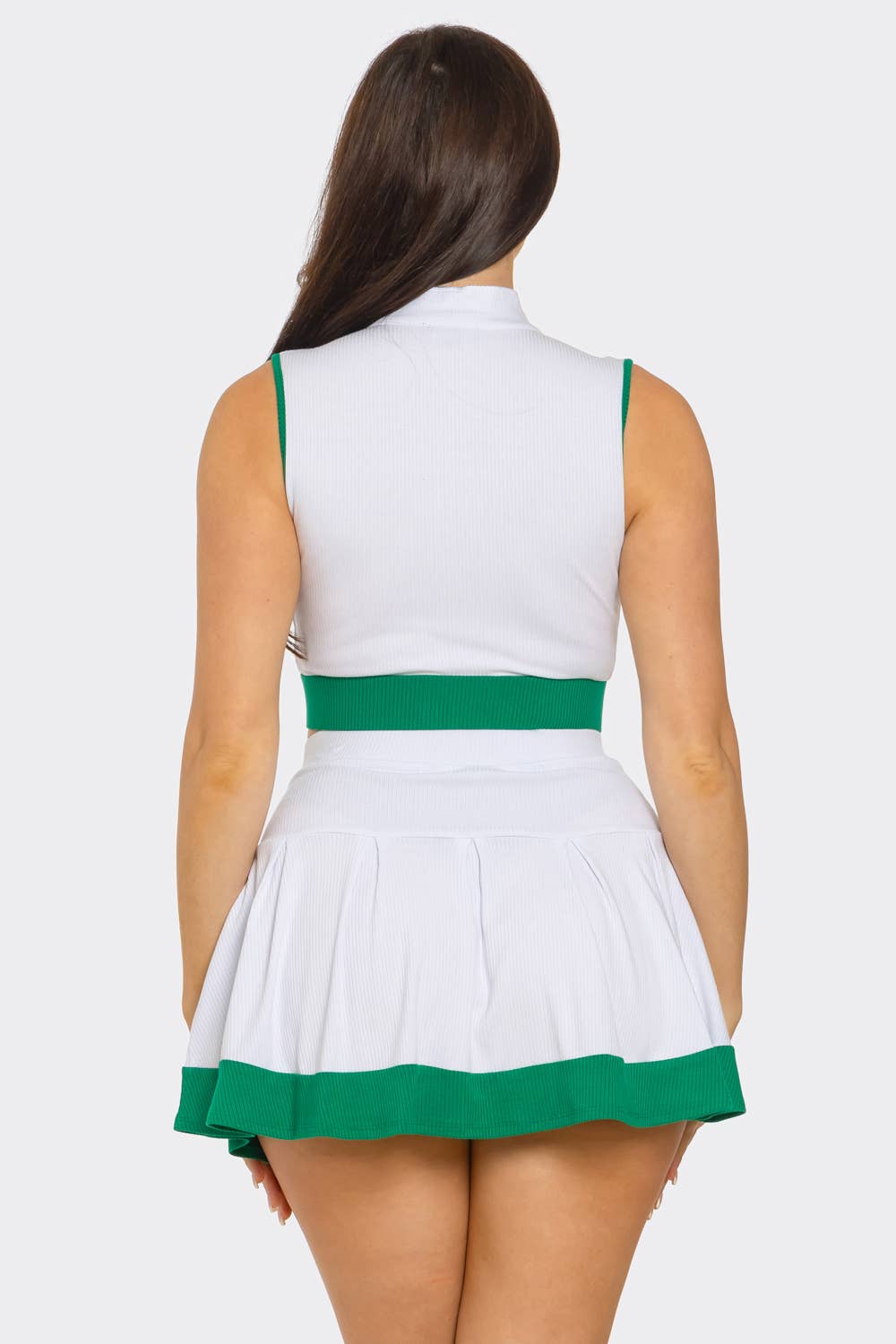 Front Zipper Crop Top And Pleated Mini Skirt Set : Pink-White / 1-2-2-1 (S-M-L-XL)
