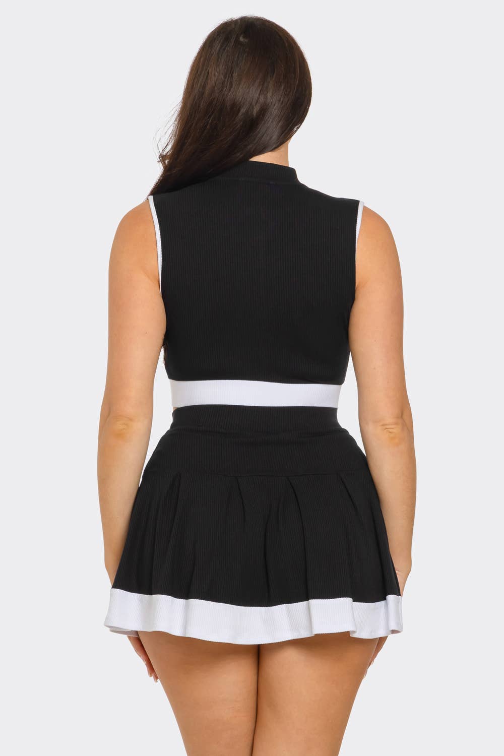 Front Zipper Crop Top And Pleated Mini Skirt Set : Pink-White / 1-2-2-1 (S-M-L-XL)