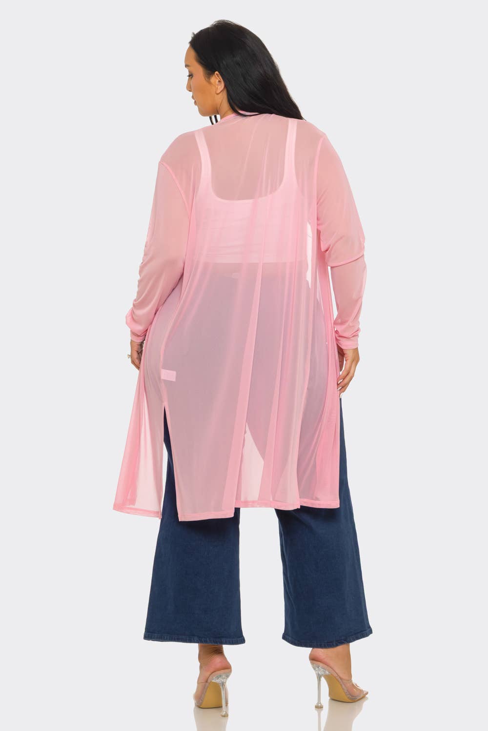 Plus Size Mesh Solid Side Slits Long Sleeve Cardigan: Pink / 2-2-2 (1XL-2XL-3XL)