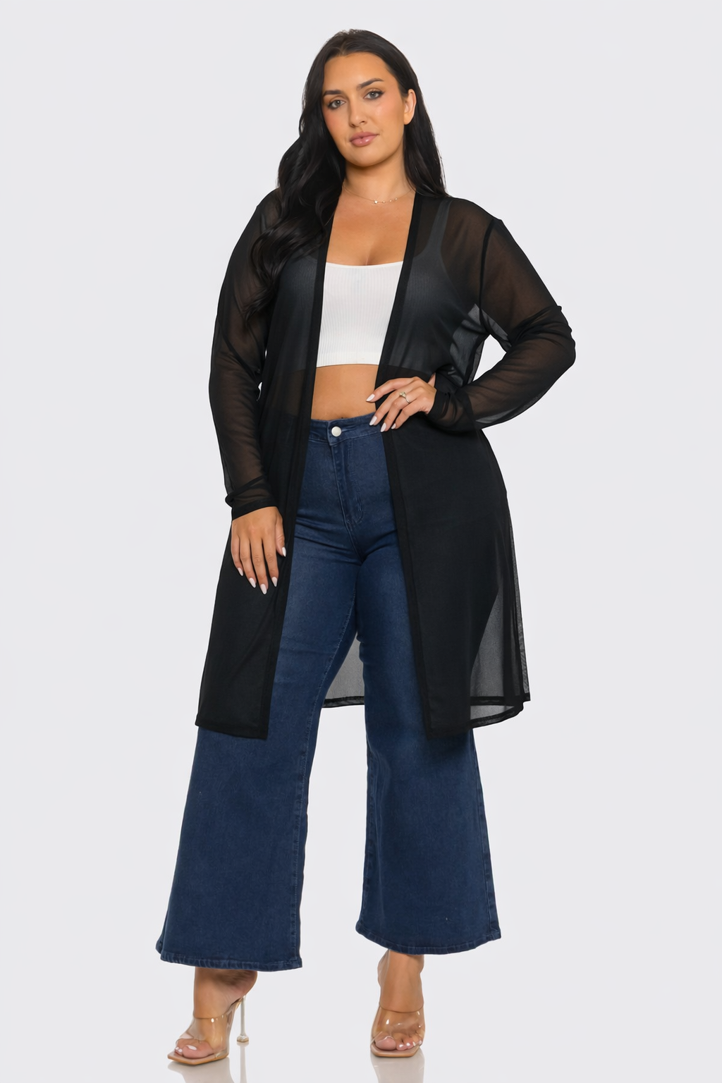 Plus Size Mesh Solid Side Slits Long Sleeve Cardigan: Pink / 2-2-2 (1XL-2XL-3XL)
